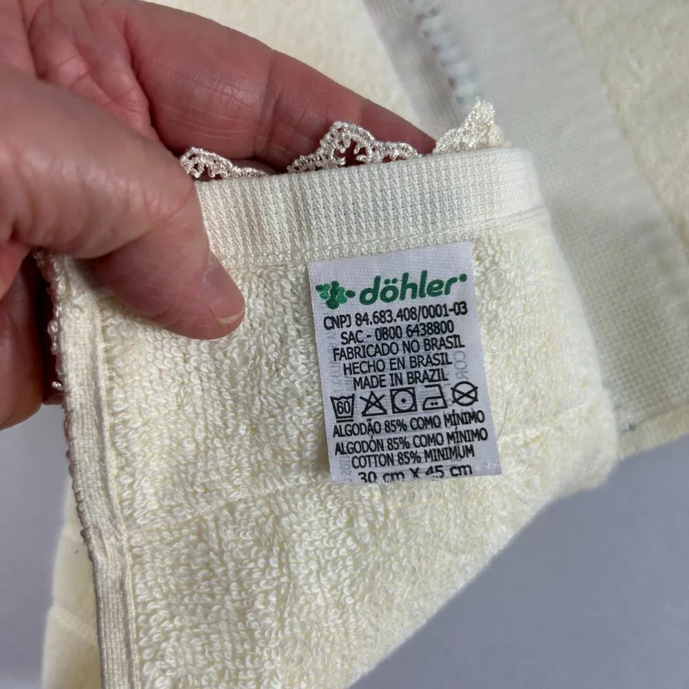 Dohler Ivory Hand Towel Crochet Hem Embellished Pink Green Ribbon 18